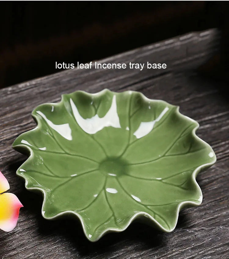 Ceramic Lotus Incense Burner - Handmade, green lotus leaf incense tray base